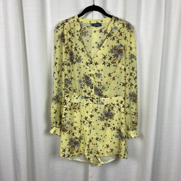 ModCloth Yellow Dragonfly Retro Floral Time To Suit Up Long Sleeve Romper Sz.M - Picture 4 of 15